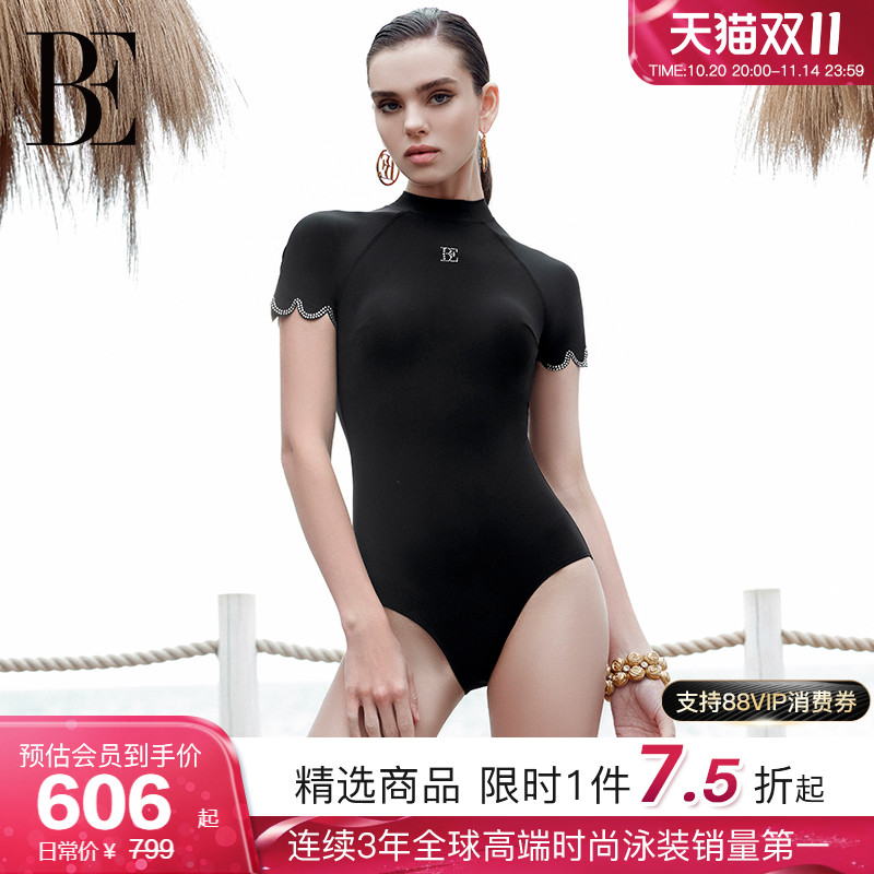 BE范德安2025新品时尚系列女士三角连体泳衣短袖镶钻防晒高级感