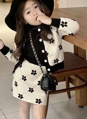 韩国童装女童小香风毛衣套装2025秋冬女宝洋气花朵开衫半身裙