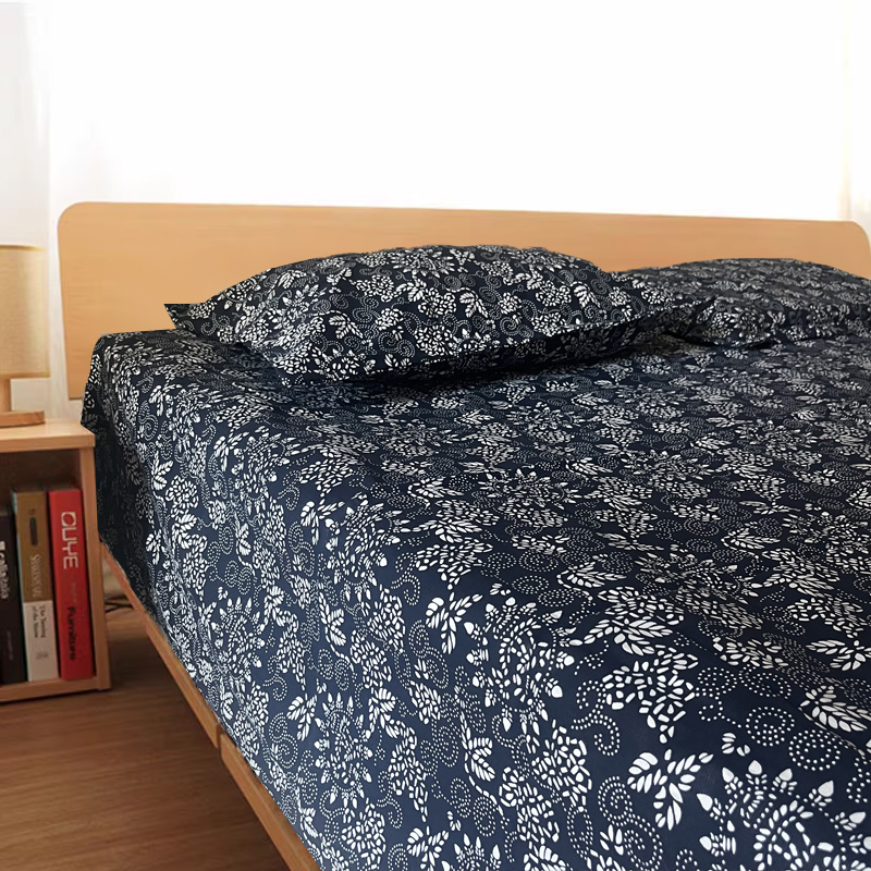 中国风老粗布床单棉麻蓝印花棉麻三件套民宿客栈加厚被单单件炕单