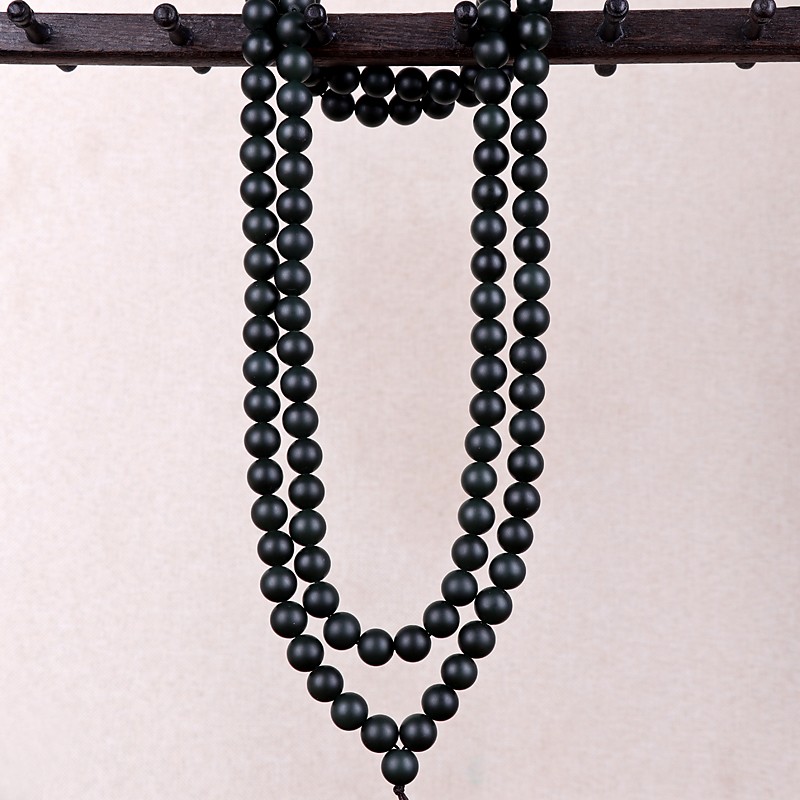 和田玉塔青一细圆珠项链108颗玉