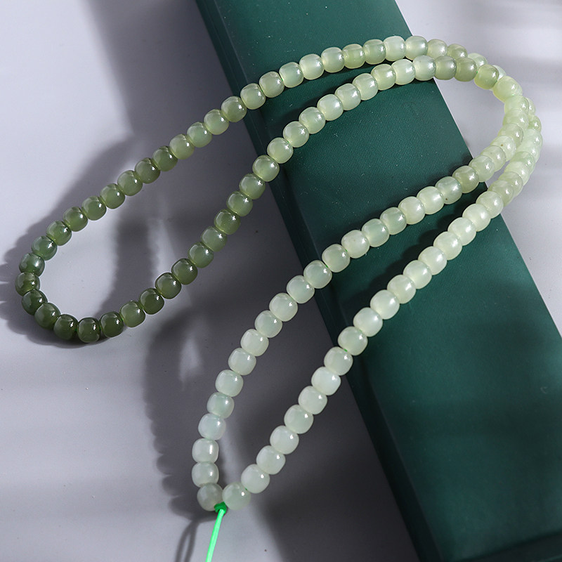 天然和田玉青白玉渐变色老型珠7mm项链多圈手串男女桶珠玉珠挂绳