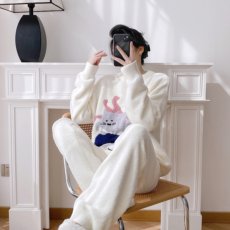 半边绒睡衣女士冬季加厚加绒保暖秋冬珊瑚绒大码高级感冬款家居服