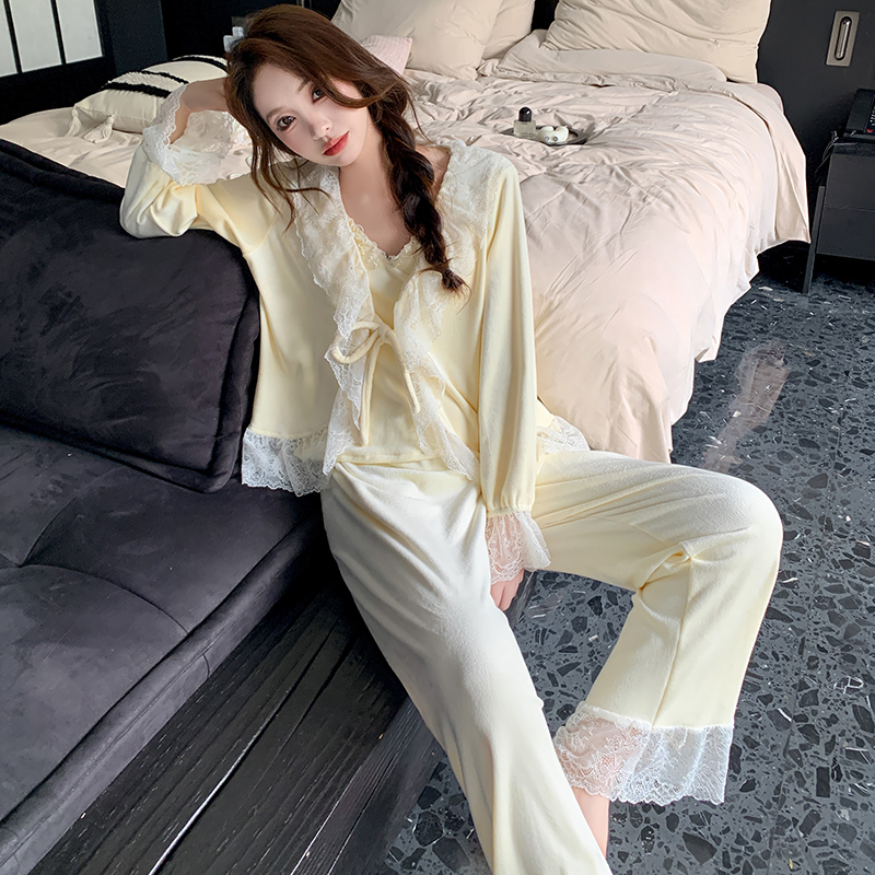 海岛绒纯欲性感睡衣女2025新款韩式家居服三件套双面绒保暖秋冬季