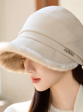 加绒加厚大帽檐渔夫帽子女秋冬季防寒保暖毛绒盆帽马术鸭舌帽护耳