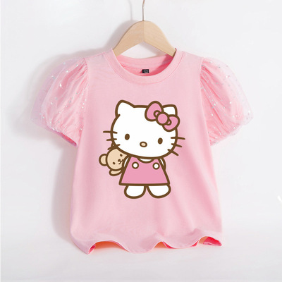 Kitty儿童短袖新女童上衣夏宝宝半袖凯蒂猫T恤衫可爱卡通kt泡泡袖