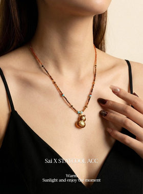 新中式虎眼石串珠福禄葫芦吊坠项链女士锁骨链复古时髦气质毛衣链