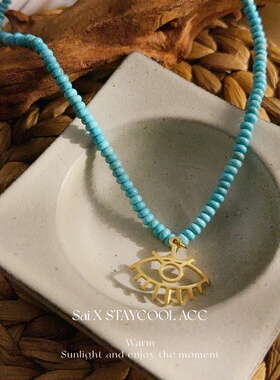 绿色石串珠镂空眼睛造型吊坠项链女士锁骨链北欧风极简度假风