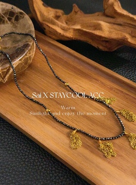 切面小米珠串珠中古复古女士流苏锁骨链项链暗黑色毛衣链短链