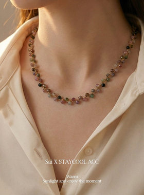 粉色碧玺天然石手工串珠项链女士锁骨链波西米亚风毛衣链