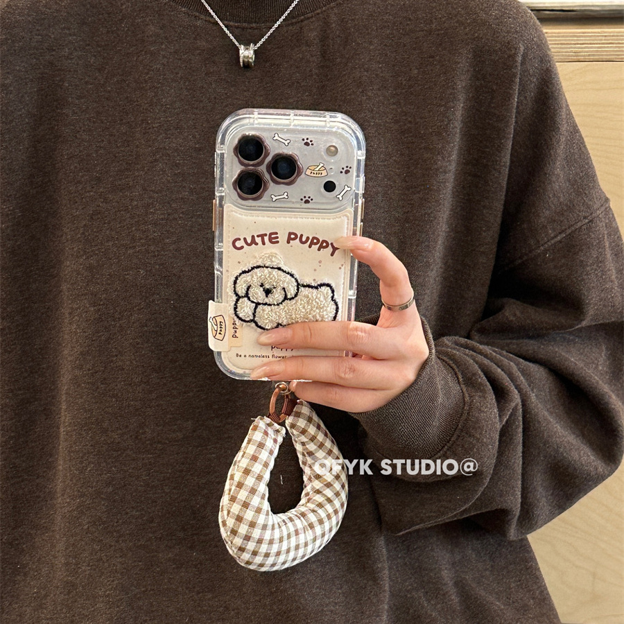 日系卡通狗狗贴饰英文适用iPhone17promax苹果15pro手机壳14手圈13promax新款17女16全包15防摔16pro