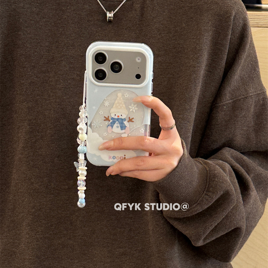 冬日小清新雪人雪花适用iPhone17promax苹果15pro手机壳14链条挂饰13promax新款17女16全包15防摔亮面