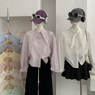 上衣女 欧玛莱 防晒衬衫 宽松微透薄款 6005 纯色圆领单排扣领结长袖