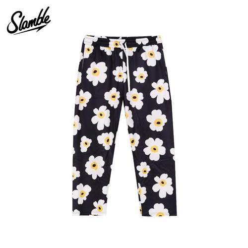 SLAMBLE男子美式蛋花九分直筒高弹运动休闲篮球睡裤长裤满印宽松