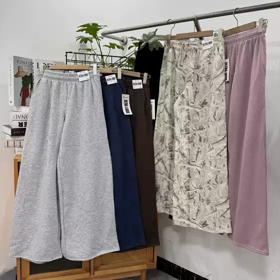 D4/E4 Value-For-Money, High-Waisted, Loose-Fitting, Solid Color, Elastic Waist, Wide-Leg, Fleece-Lined Casual Wide-Leg Pants