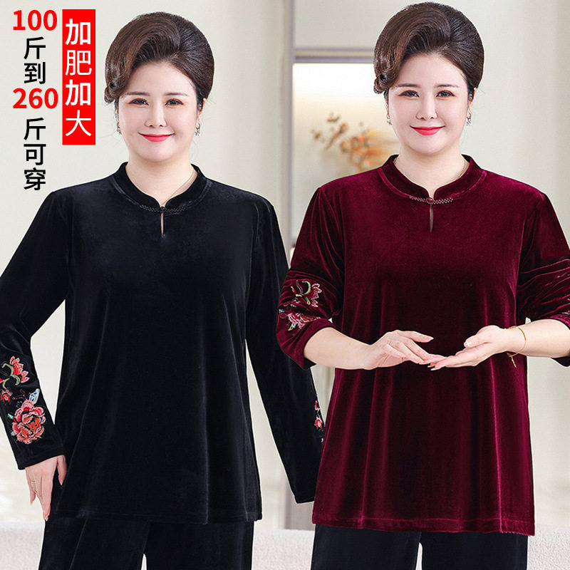 加肥大码春季金丝绒长袖套装中老年女装胖太太遮肚腩T恤宽松裤子