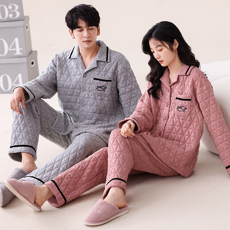 秋冬季全棉薄夹棉保暖开衫情侣睡衣长袖纯棉夹层家居服男女士套装