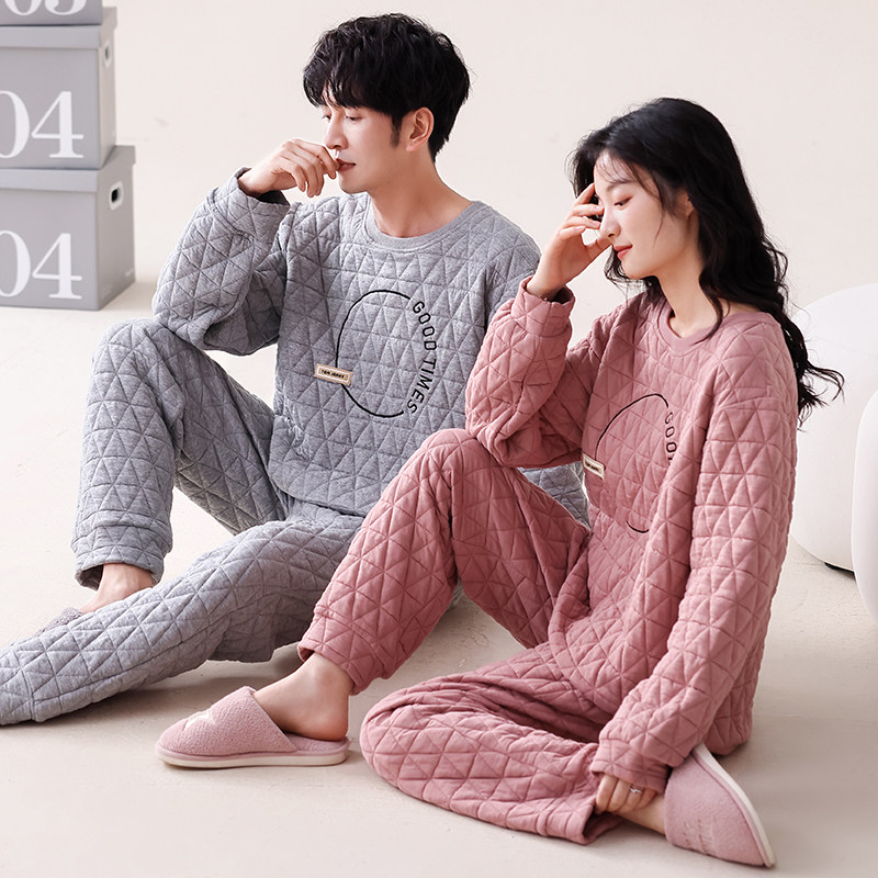 秋冬季全棉薄夹棉情侣睡衣长袖纯棉休闲可外穿加厚夹层家居服套装