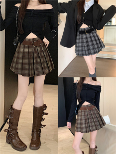 韩版 高腰遮胯显瘦a字毛呢半身裙 复古棕色格子百褶短裙女秋冬大码