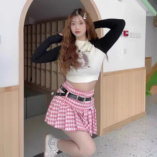 美式复古学院风格纹jk百褶裙大码春夏粉色格子短裙百搭a字半身裙