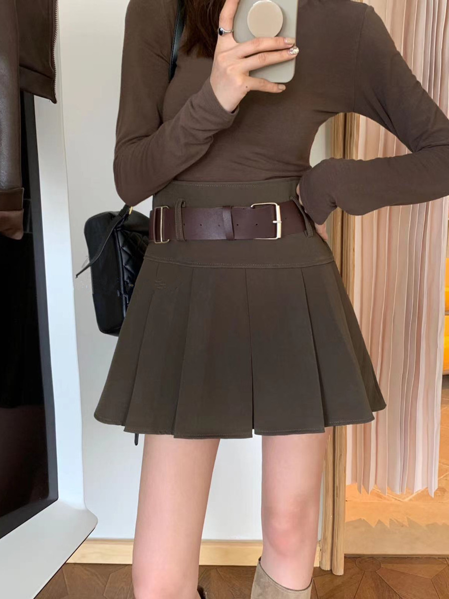 学院风百褶短裙配腰带a字半身裙