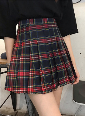 绿色格子百褶裙女a字半身裙春秋2025新款高腰显瘦格纹半裙jk短裙