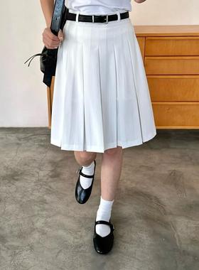 高级感白色百褶裙中裙女春夏小个子中长款a字裙学院风遮胯半身裙