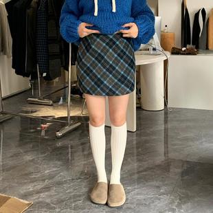 韩系撞色格子斜纹毛呢A字半身裙秋冬大码 高腰小个子显瘦包臀短裙