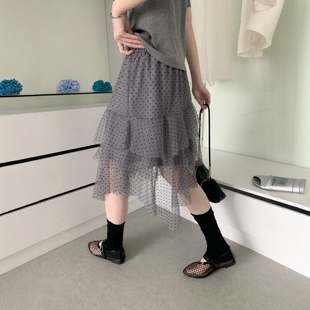 miu系灰色波点网纱半身裙女不规则蛋糕裙高腰显瘦中长款 a字蓬蓬裙