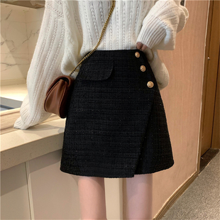 梨形身材小香风毛呢半身裙女春秋大码 高腰小个子遮胯a字包臀短裙