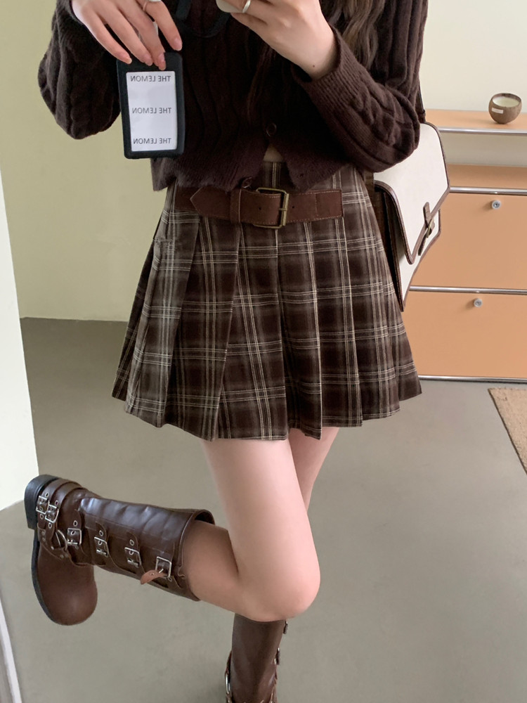美式复古设计感小众格纹百褶短裙