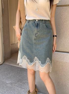韩系chic蓝色牛仔半身裙女夏季蕾丝拼接高腰显瘦遮胯A字包臀中裙