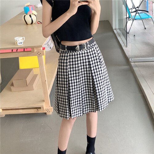 美式格子高腰百褶裙中长款半身裙