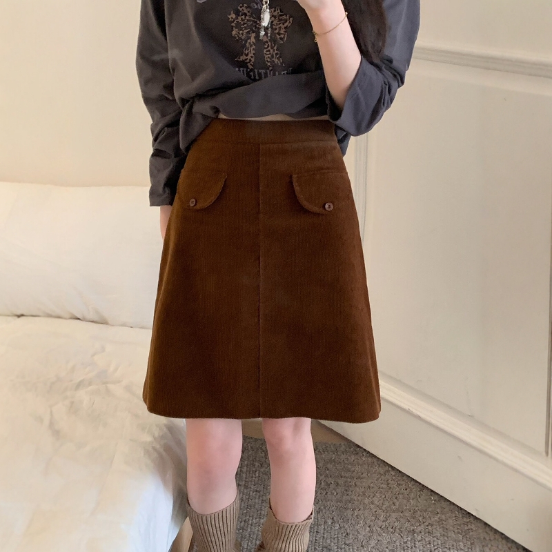 松紧腰条绒半身裙灯芯绒直筒中裙