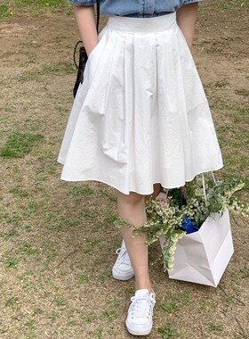 适合胯大腿粗白色百褶裙女大码夏季高腰蓬蓬工装半身裙中长伞裙