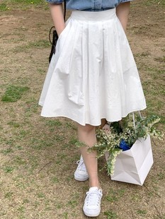 半身裙中长伞裙 高腰蓬蓬工装 适合胯大腿粗白色百褶裙女大码 夏季