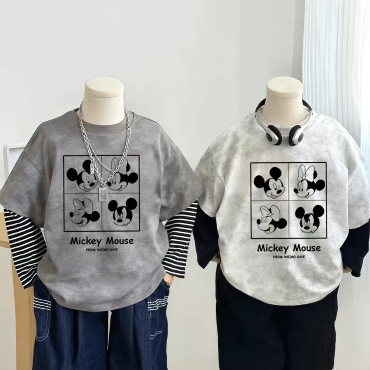 男女童纯棉米奇假两件长袖T恤