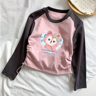 女童春秋款百搭长袖男童吸汗时尚抽绳女童纯棉卡通印花T恤修身款