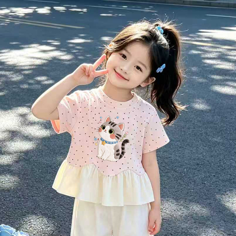 夏季卡通T恤波点蕾丝边女童透气中大童百搭短袖印花时尚韩版新款