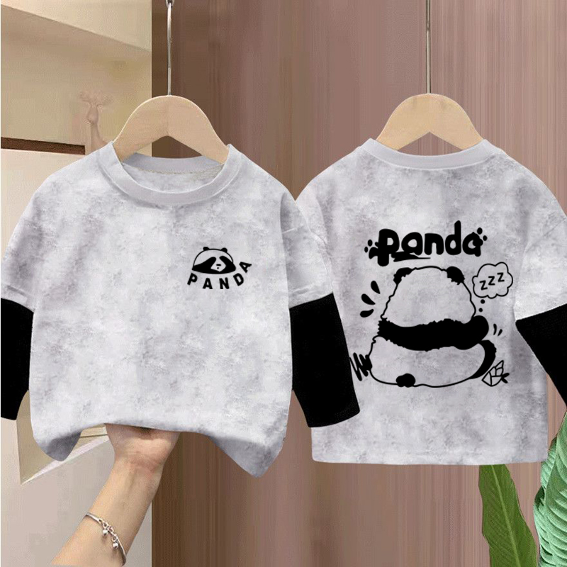 男女童纯棉扎染假两件长袖T恤