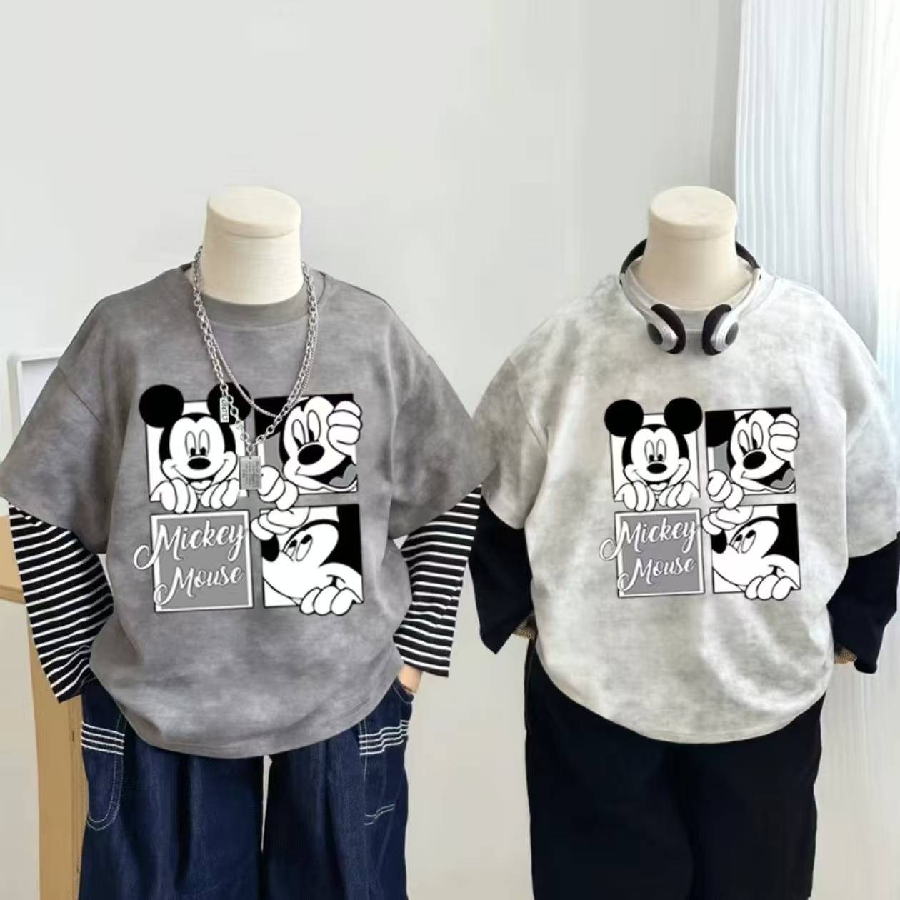 男童纯棉扎染假两件长袖T恤