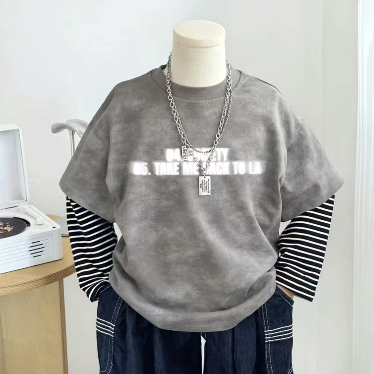 纯棉男童假两件扎染长袖T恤