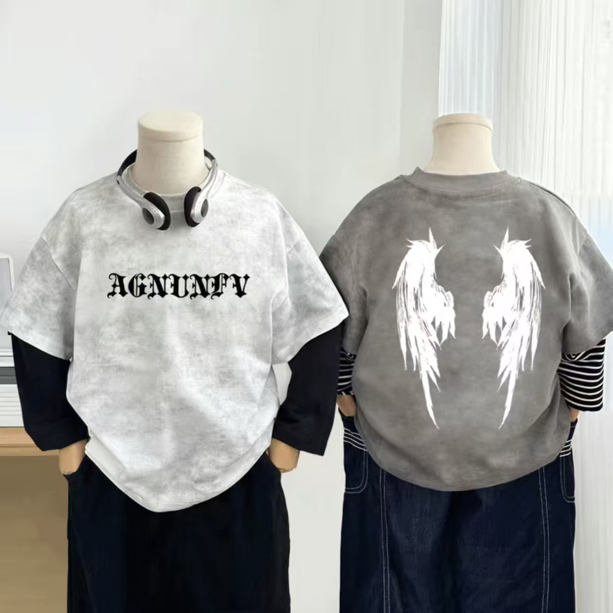 男童纯棉春秋长袖扎染假两件T恤