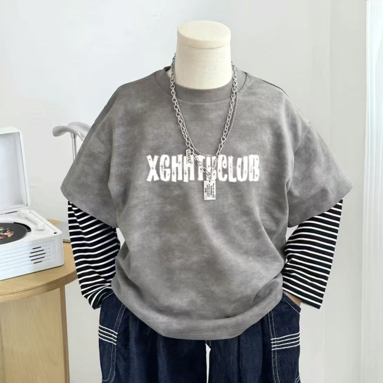 男童春秋假两件扎染纯棉长袖T恤