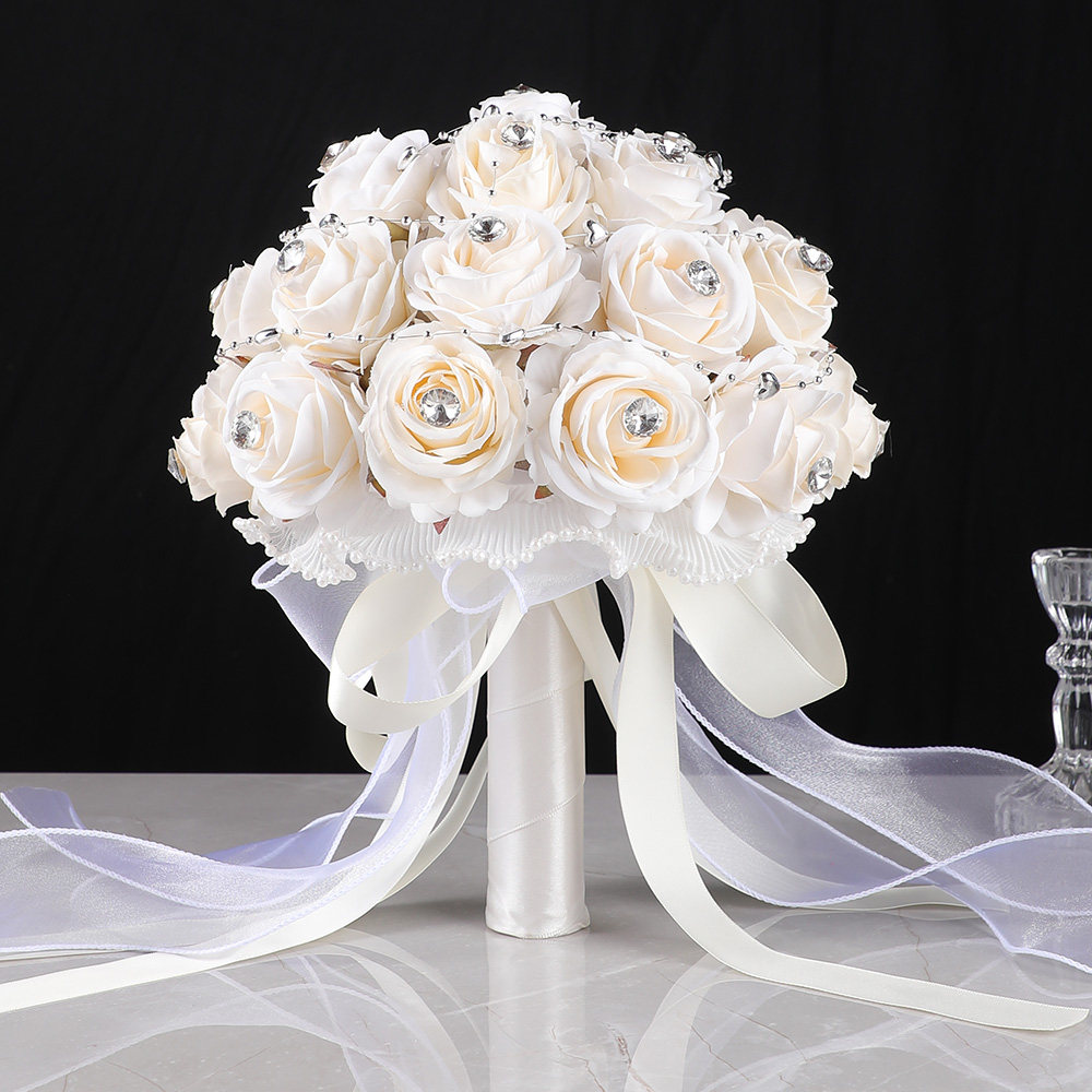 欧式白色镶钻新娘手捧花布艺仿真花束婚礼拍摄摄影道具