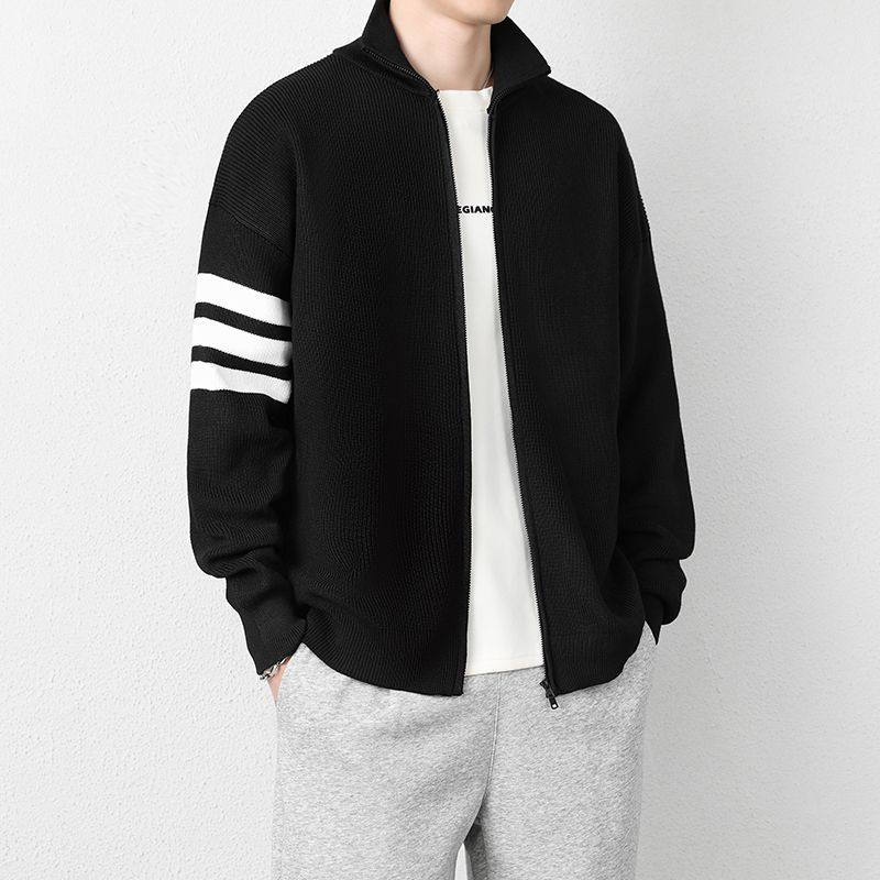 2025秋冬新款立领拼色条纹针织拉链衫外套潮流时尚简约毛衣外套男,男装,针织衫/毛衣,淘宝优惠券,粉丝福利购,淘宝优惠卷