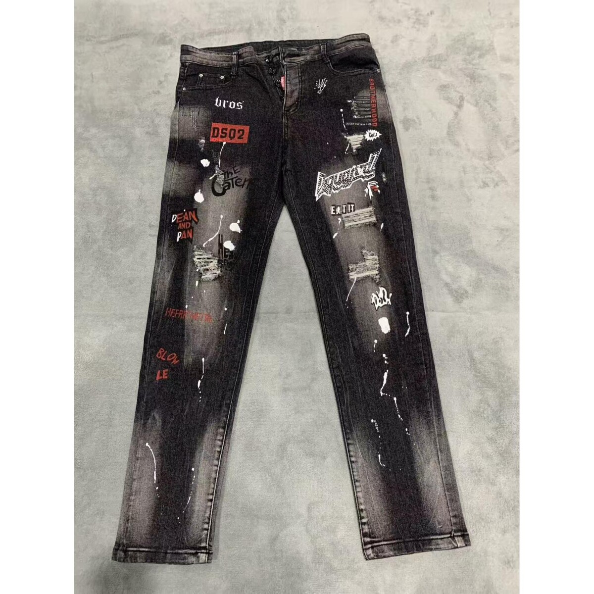 新款轻奢D2破洞牛仔裤泼墨潮流补丁长裤时尚男士弹力修身小脚