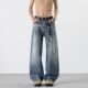 男女宽松简约休闲阔腿长裤 美式 复古怀旧蓝水洗猫须牛仔裤