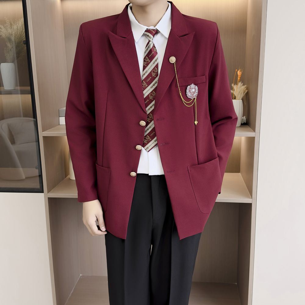 原创男生dk西装制服外套日系学院风校供感西服红色开衫宽松外衣单图片