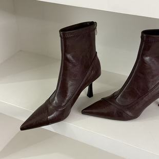 韩版软皮显瘦细跟尖头女靴短筒高跟鞋时装靴后拉链法式瘦瘦女短靴