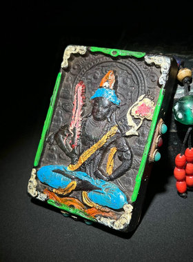 精品天然老陨石文殊菩萨佛牌吊坠黑铁陨石描彩八大守护项链坠颈饰